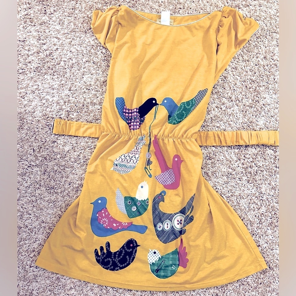 Moon Collection live in CA, VTG Mustard Abstract Farm Birds Short Dress Sz L